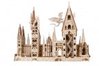 Magic castle building kit with laser-cut wood and a dragon, a mindful hobby project for adult model makers