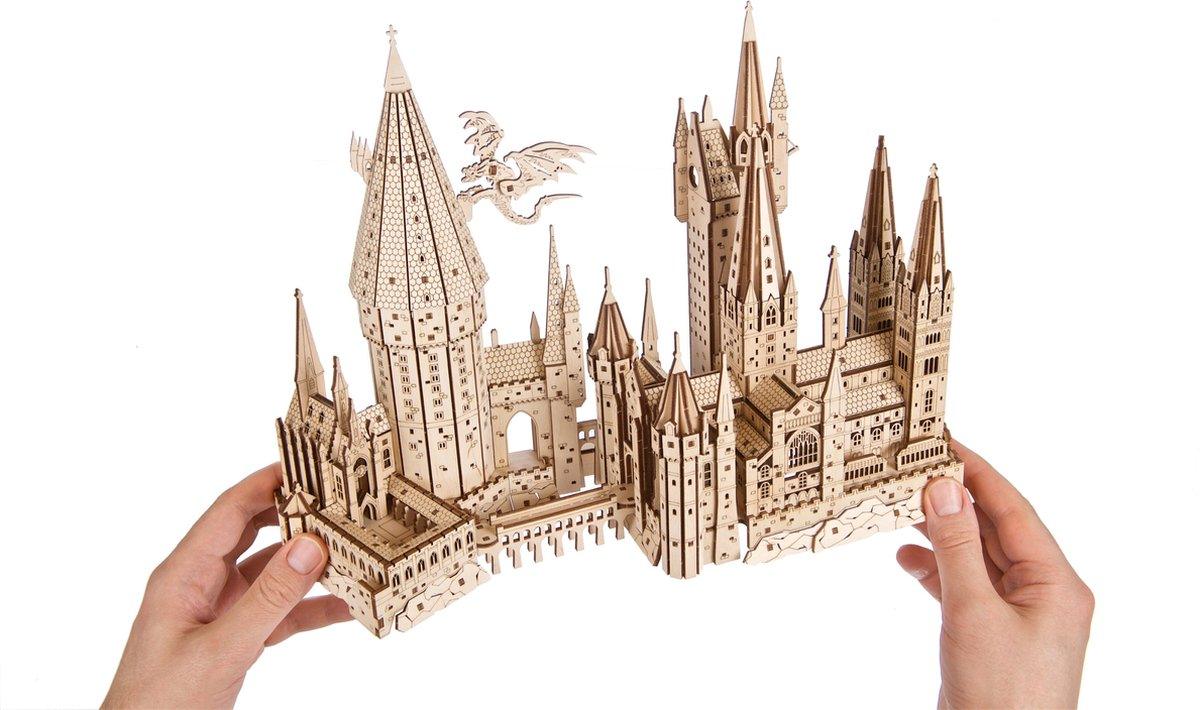 Magic castle model with movable dragon wings and stonework, a wooden puzzle gift for teen and adult builders