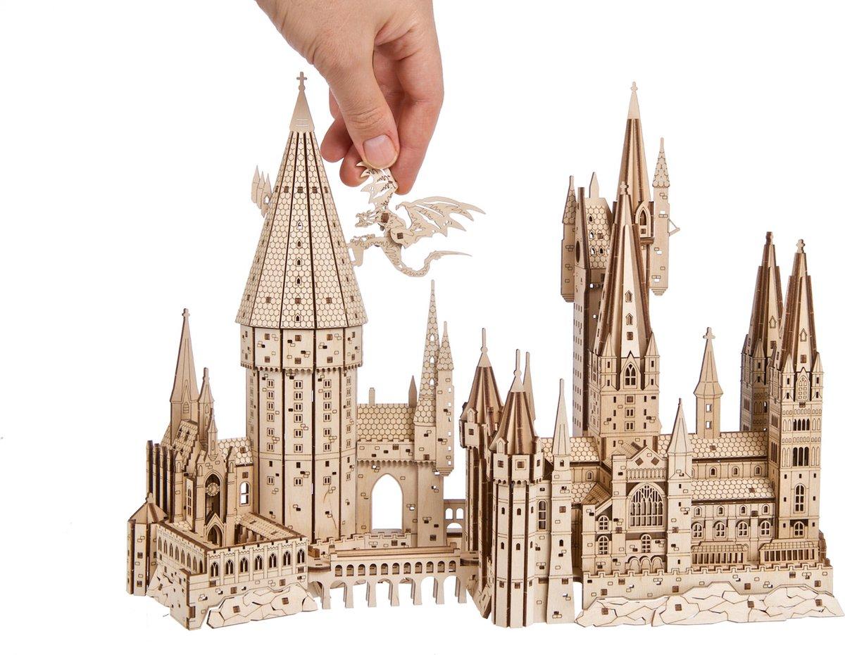 Fantasy wizard castle 3D puzzle with a cutaway back, a compact wooden display model for shelf and desk decor