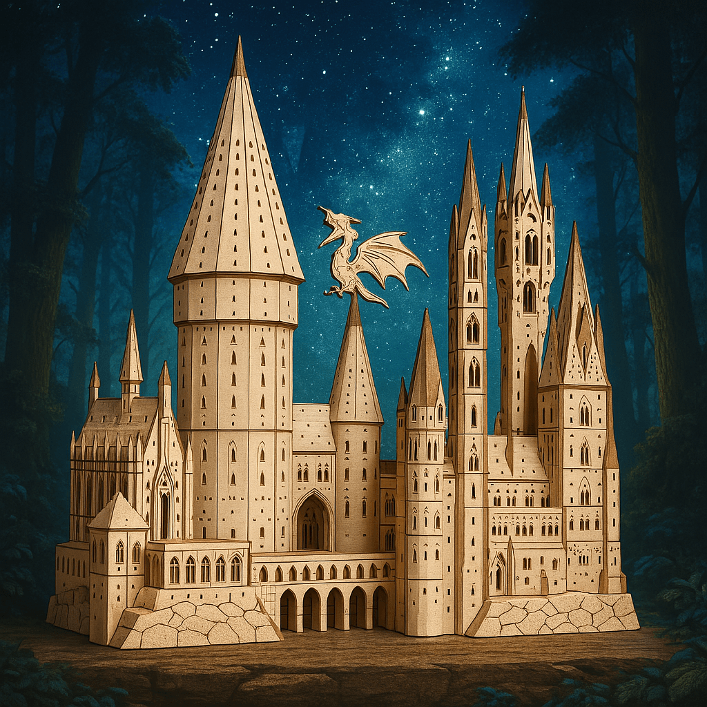 Wooden castle building kit with towers and a dragon, a relaxing no glue project for fantasy puzzle lovers