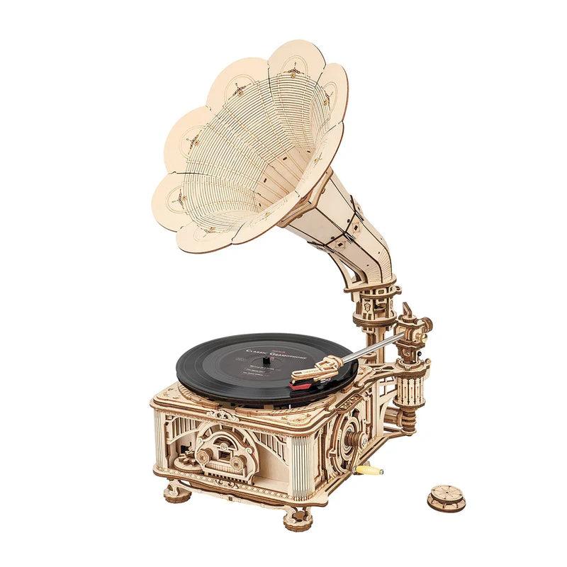 Wooden gramophone record player kit that plays real 7 and 10 inch vinyl, a hand-crank vintage build for adults