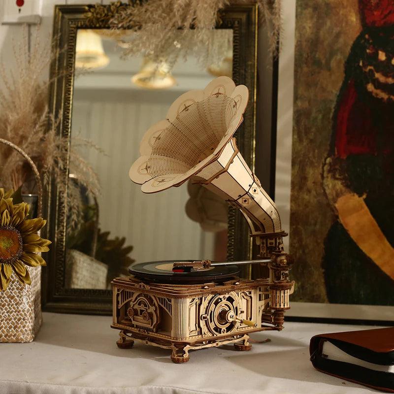 DIY phonograph kit with a ruby needle and adjustable volume, a vintage wooden turntable for music lovers and collectors