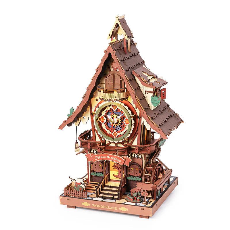 Colorful woodland cuckoo clock 3D wooden puzzle kit with warm LED lights and a swinging pendulum for adult model builders Colorful