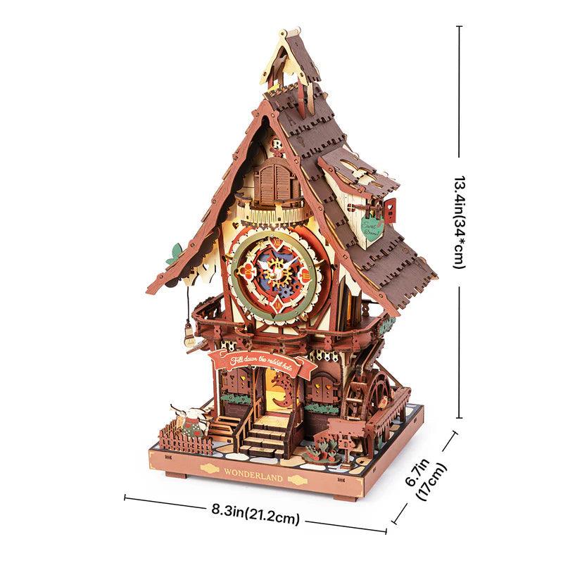 Colorful cuckoo clock wooden puzzle kit standing 34 cm tall as a fairytale shelf and desk display for adult hobby builders Colorful