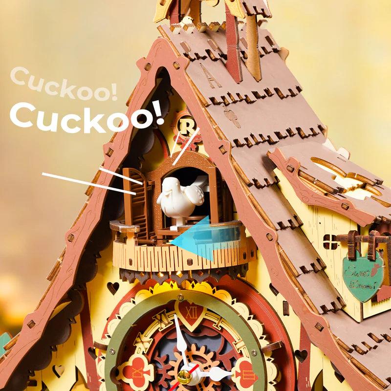 Colorful cuckoo bird clock mechanism with Roman numeral face and gears on a laser-cut 3D wooden puzzle kit for hobbyists Colorful
