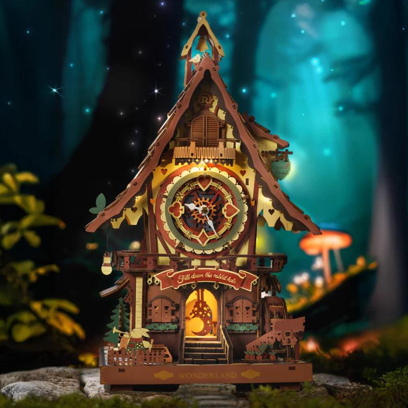 Colorful cuckoo clock puzzle kit glowing with LED lights as enchanting fairytale home decor and a gift for puzzle fans Colorful