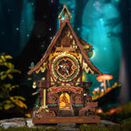 Colorful cuckoo clock puzzle kit glowing with LED lights as enchanting fairytale home decor and a gift for puzzle fans Colorful