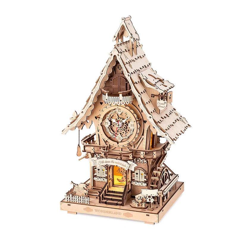 Natural wood cuckoo clock 3D wooden puzzle kit with 435 laser-cut pieces and LED lighting for adult model builders Wood