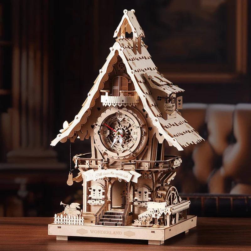 Natural wood cuckoo clock puzzle kit lit on a living room shelf as warm home decor and a gift for clock collectors Wood