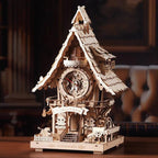 Natural wood cuckoo clock puzzle kit lit on a living room shelf as warm home decor and a gift for clock collectors Wood