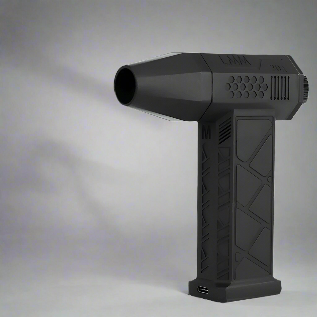 Cordless blower blasting focused air to dry surfaces and clear sawdust, crumbs and debris from busy work areas Black