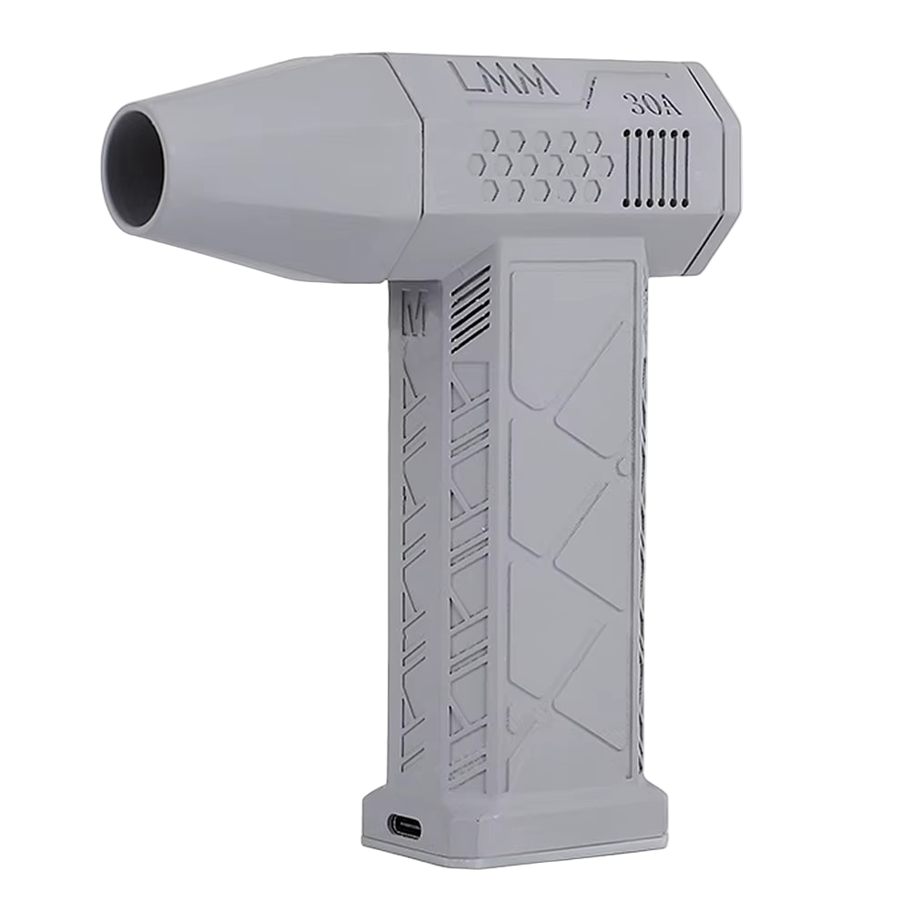 White cordless turbo jet blower clearing dust from car vents, keyboards and workshop gaps with focused airflow White