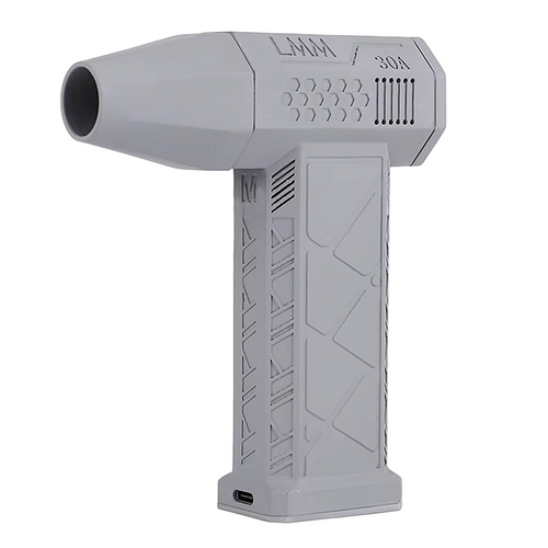 White cordless turbo jet blower clearing dust from car vents, keyboards and workshop gaps with focused airflow White