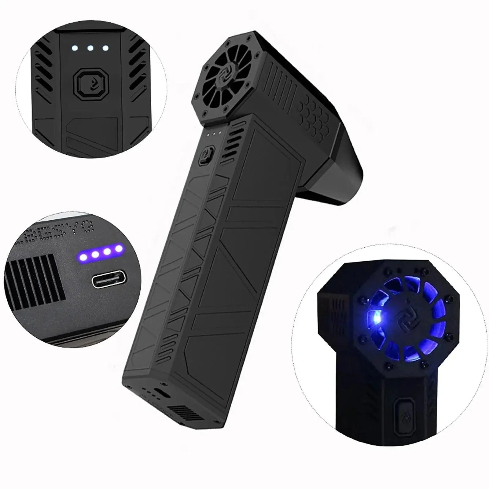 Rechargeable air blower with a 6000mAh battery, Type-C charging and a built in LED light for garage cleaning Black