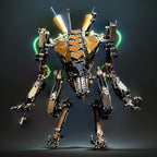 Futuristic sci-fi mech with glowing green energy pipes, a poseable metal robot model and standout desk display for hobbyists