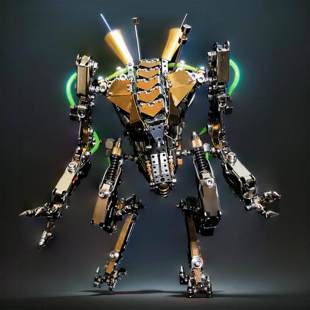 Futuristic sci-fi mech with glowing green energy pipes, a poseable metal robot model and standout desk display for hobbyists