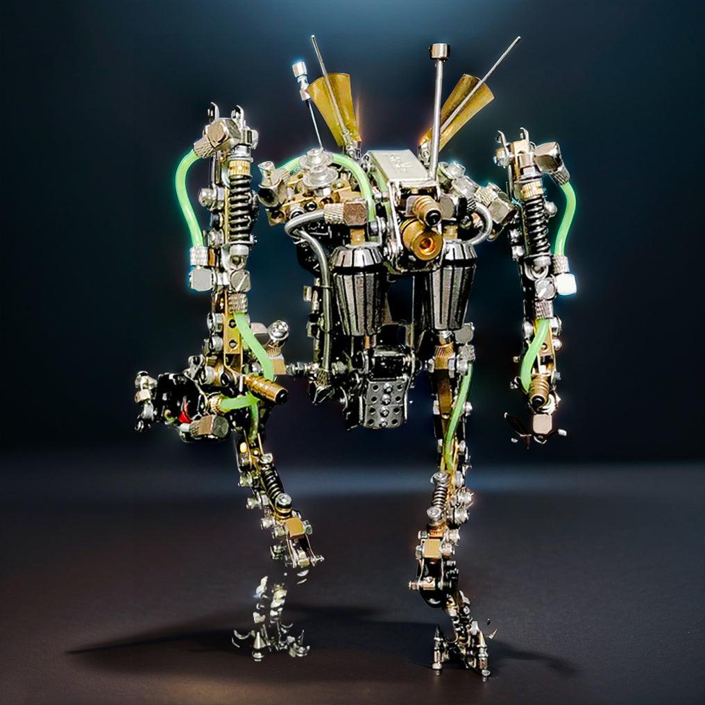 Articulated metal mech robot with triple thruster nozzles and layered armor plates, a buildable steel model kit for collectors