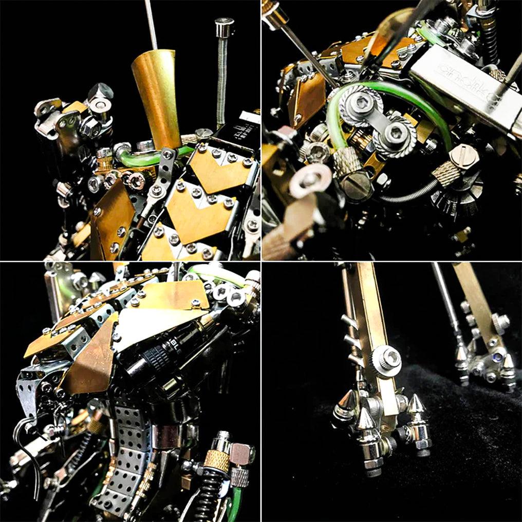 Poseable mecha model with copper armor plating and precision cut metal parts, a sci-fi robot building kit for enthusiasts
