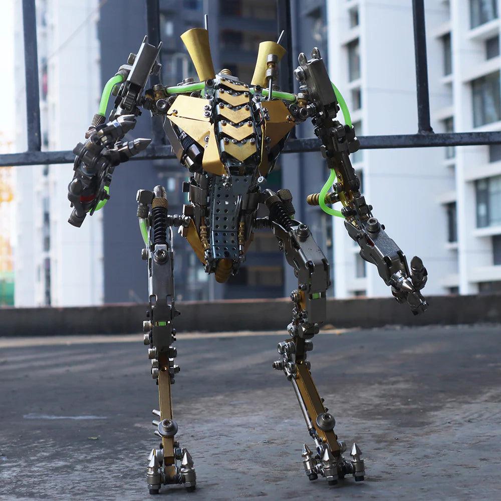 Assembled metal mech robot styled as a desk and shelf centerpiece, a sci-fi collectible display for tech enthusiasts