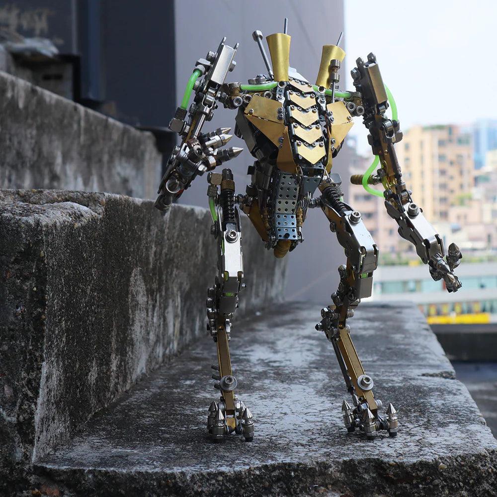 Articulated futuristic mech figure in stainless steel and brass, a robot statue for room decor and gaming desk setups