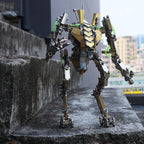 Articulated futuristic mech figure in stainless steel and brass, a robot statue for room decor and gaming desk setups