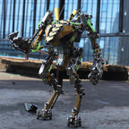 Poseable sci-fi mech model set in a dynamic action stance, a metal robot collectible and hobby gift for adult builders