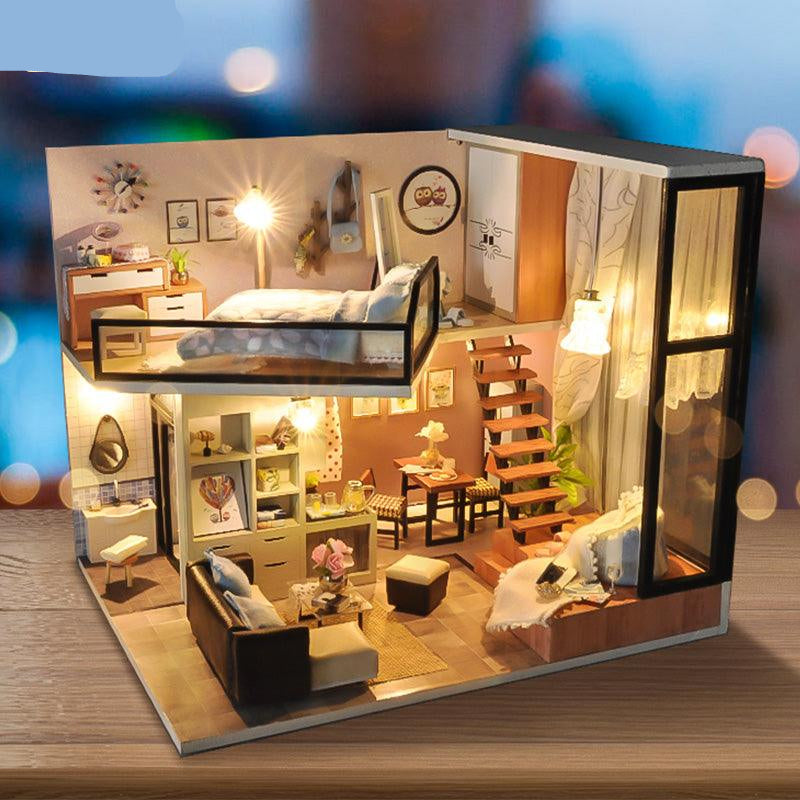 Illuminated 1:24 scale miniature dollhouse kit with a fully furnished loft interior, a wooden craft build for adults
