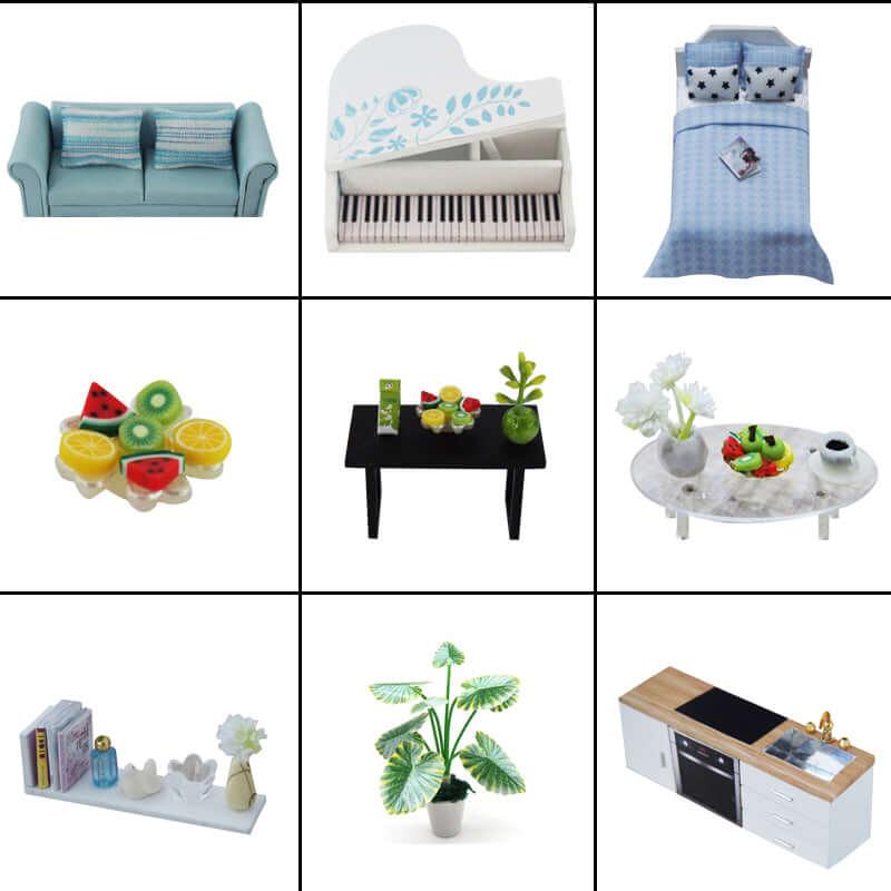Detailed miniature furniture set with piano, sofa and kitchen pieces included in this wooden DIY dollhouse craft kit