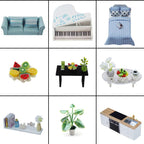 Detailed miniature furniture set with piano, sofa and kitchen pieces included in this wooden DIY dollhouse craft kit