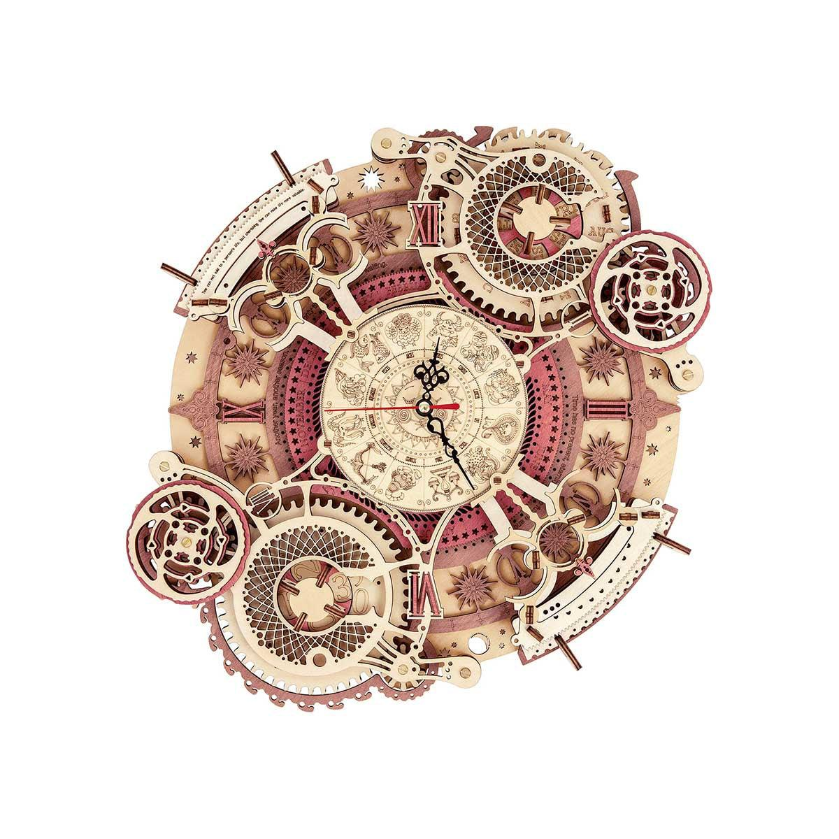 Zodiac wall clock 3D wooden puzzle kit that assembles into a real working timepiece with all twelve astrology signs