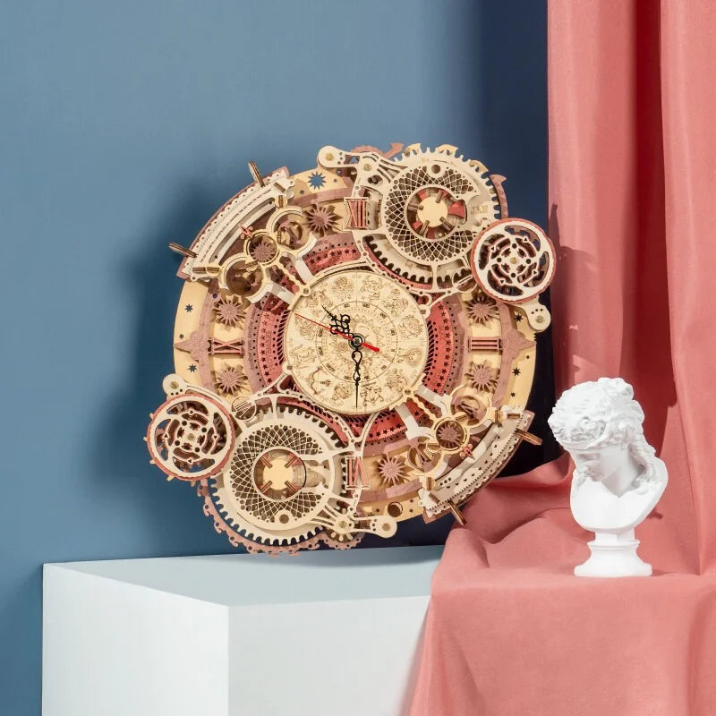 168 laser-cut piece wooden clock model for adults, a mechanical DIY kit that keeps real time on a living room wall