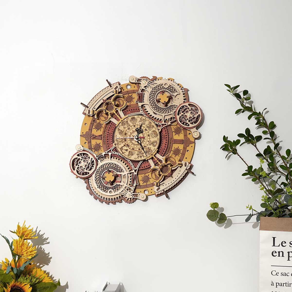 Handmade zodiac clock as distinctive home decor for a study, office, or living room, a functional wooden puzzle build