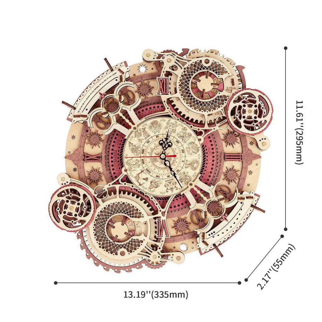 Zodiac dial wooden model kit that assembles in about 3.5 hours into a working battery powered wall clock for adults