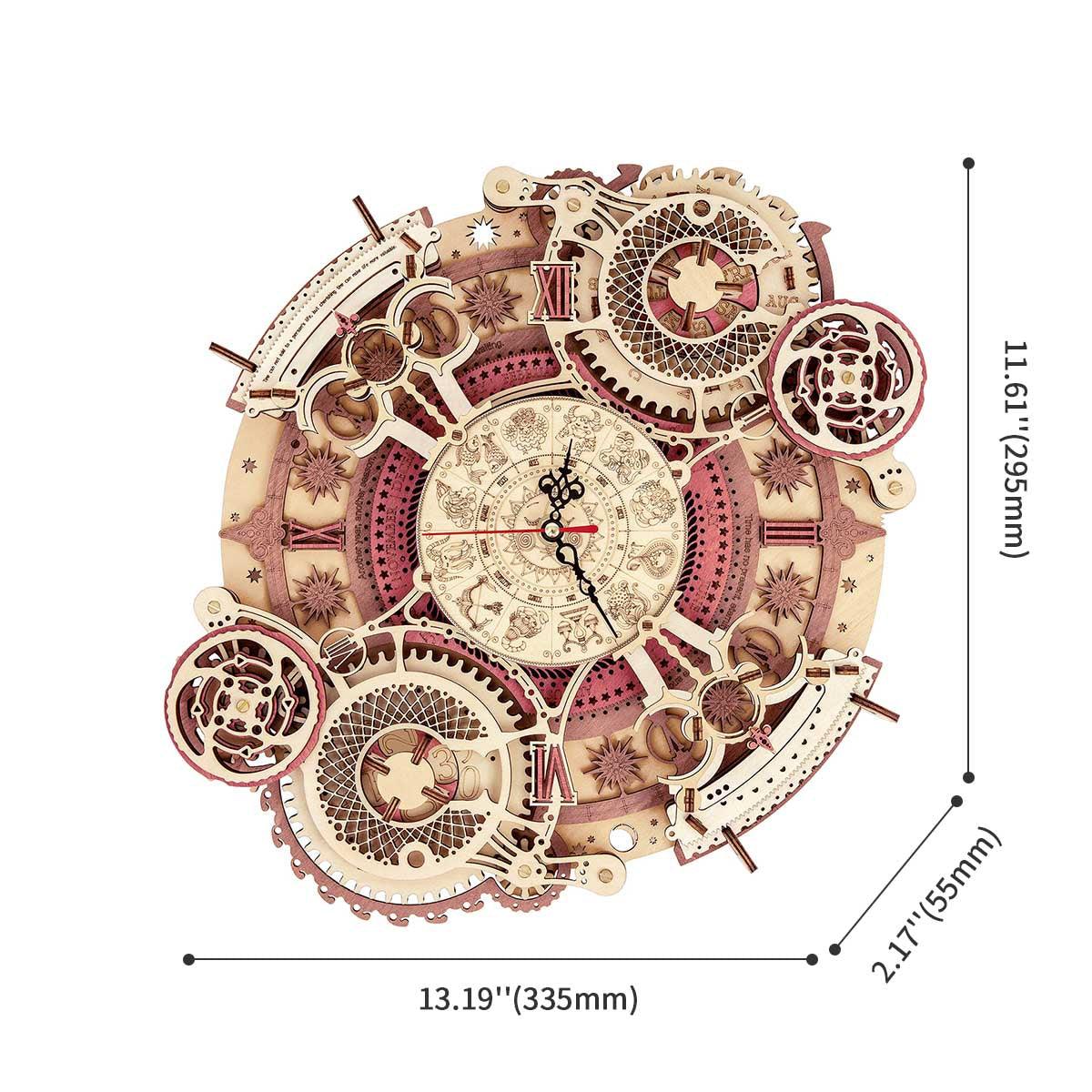 Zodiac dial wooden model kit that assembles in about 3.5 hours into a working battery powered wall clock for adults