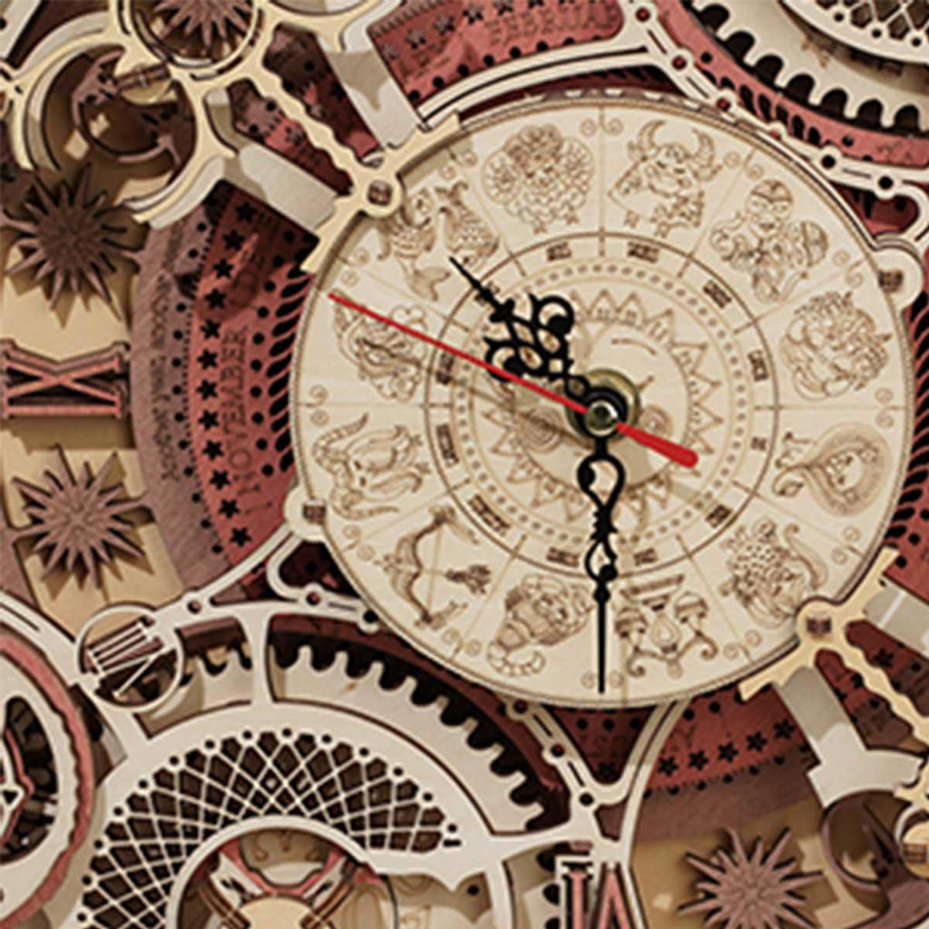 3D wooden clock puzzle marked with twelve zodiac signs, a mechanical craft kit and wall decor project for adults