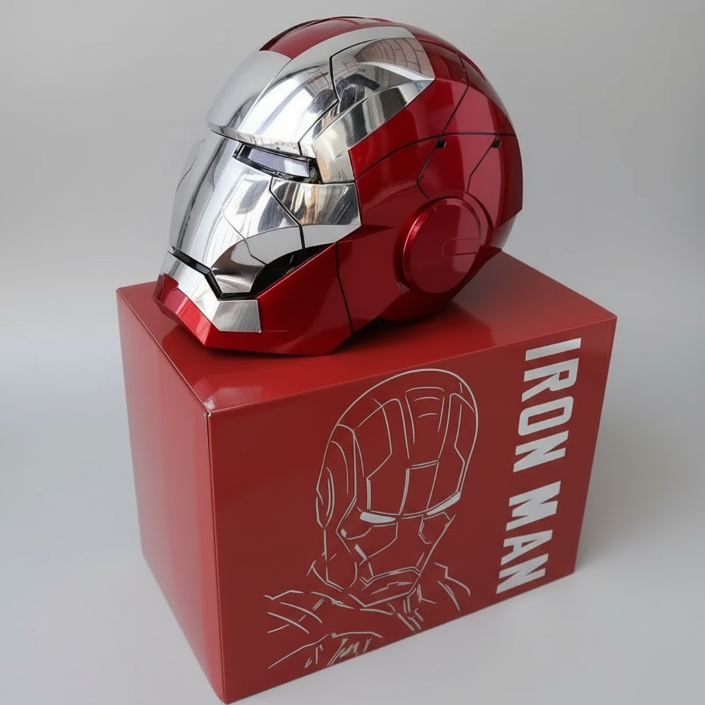 Red and silver Iron Man helmet on a red box