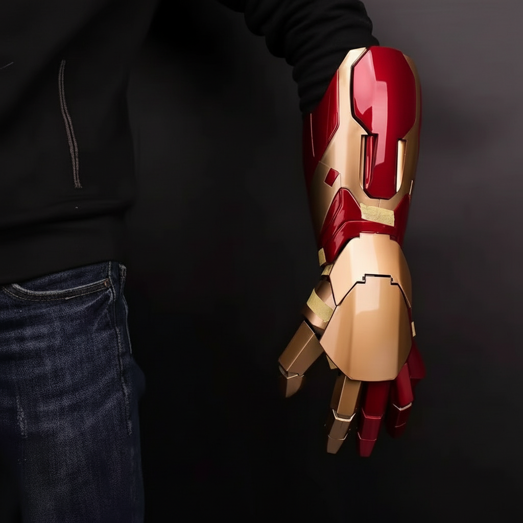 Metallic arm prop resembling Iron Man's design on a black background