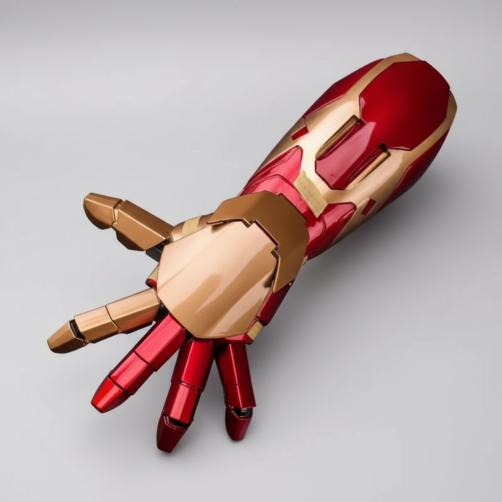 Red and gold mechanical hand on a white background