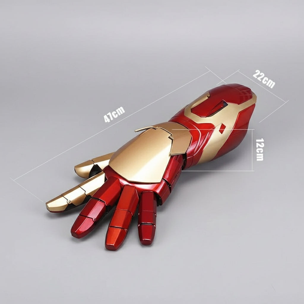 Red and gold mechanical hand with measurements on a black background