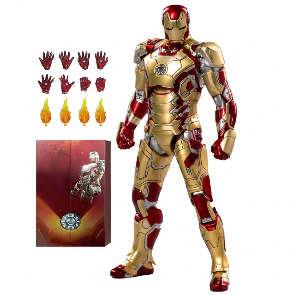 Action figure of Iron Man in red and gold suit with accessories and packaging on a white background