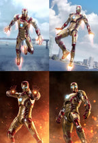 Four poses of Iron Man in a superhero costume with a cityscape background.