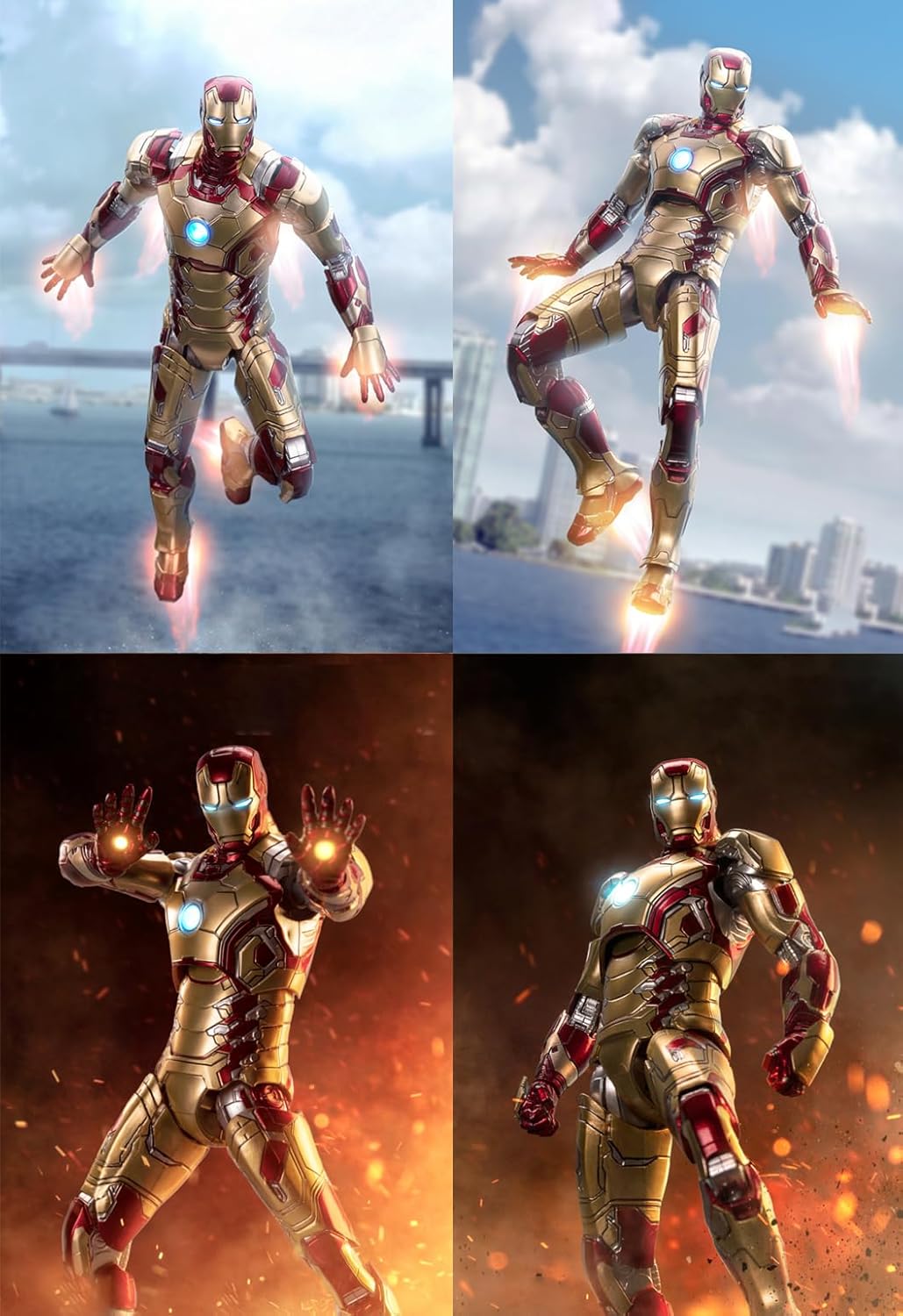 Four poses of Iron Man in a superhero costume with a cityscape background.