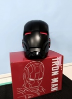 Black Iron Man helmet on a red box with 'Iron Man' Premium Iron Man Mk5 Voice Control Cosplay Helmet