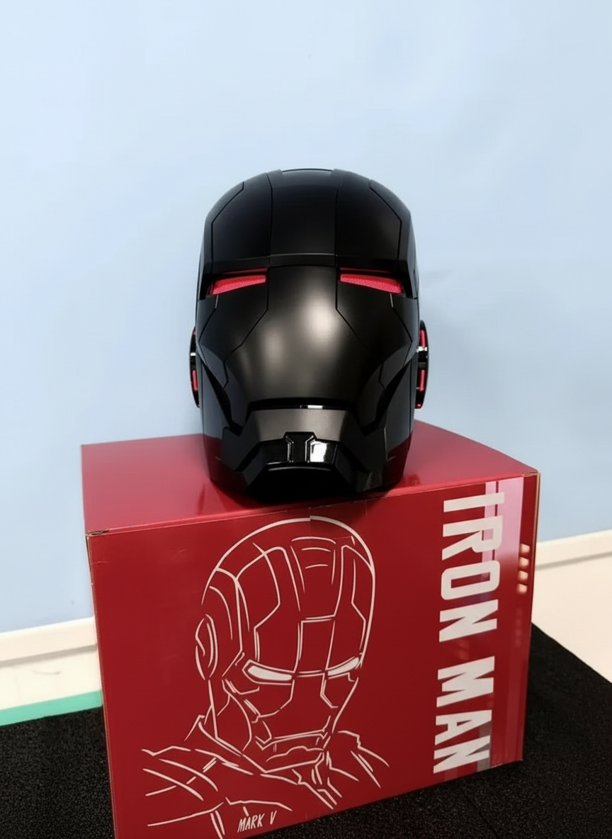Black Iron Man helmet on a red box with 'Iron Man' Premium Iron Man Mk5 Voice Control Cosplay Helmet