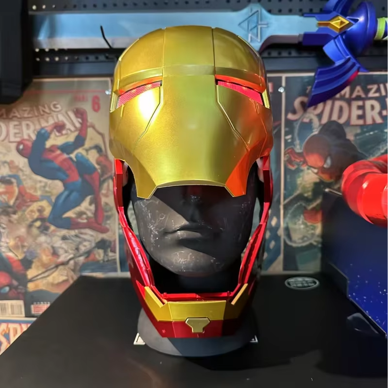 Gold and red superhero helmet on a mannequin head with comic book covers in the background