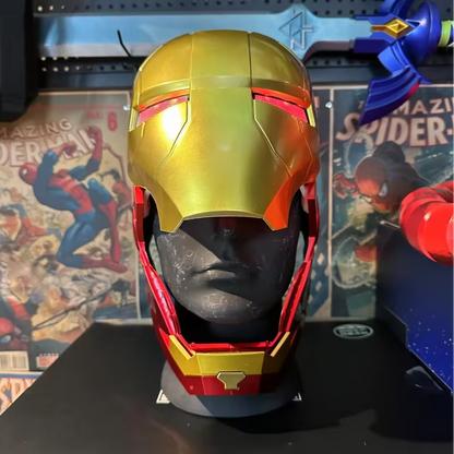 Gold and red superhero helmet on a mannequin head with comic book covers in the background