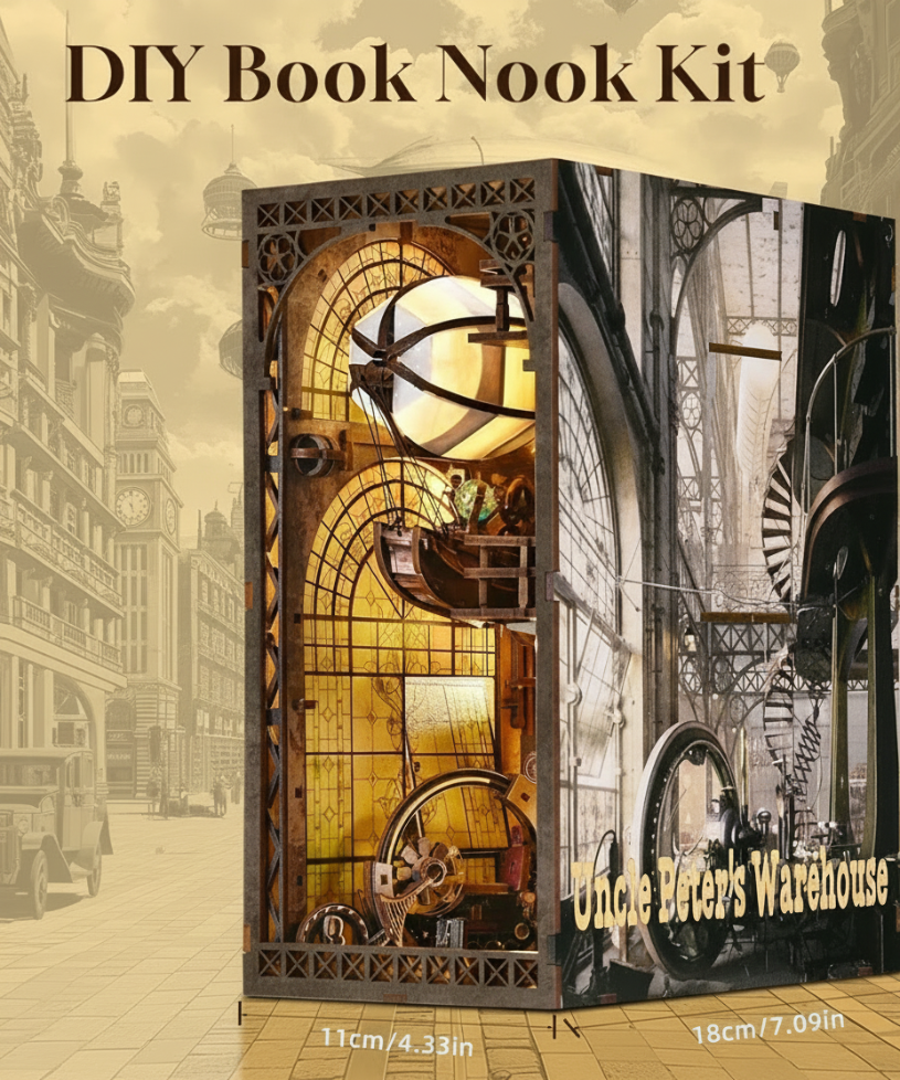 DIY Book Nook Kit packaging with intricate design and text on a vintage street background