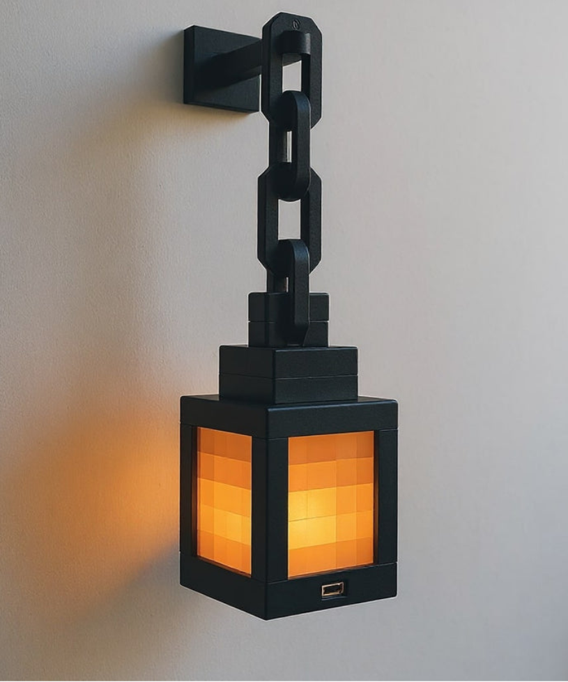 Modern wall-mounted light fixture with a geometric design on a plain background