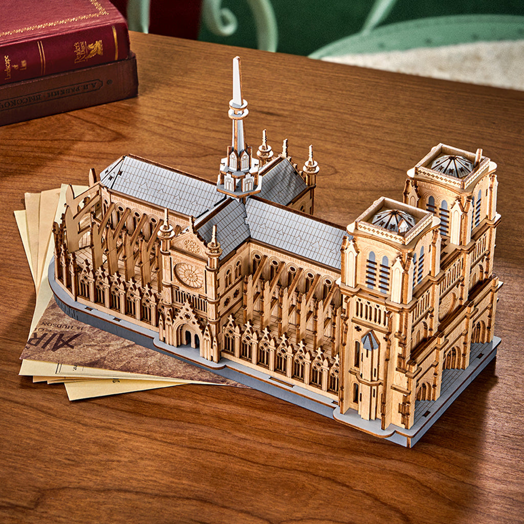 Gothic Notre-Dame Cathedral 3D wooden puzzle with detailed architectural features and premium craftsmanship