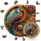 Colorful wooden jigsaw puzzle parrot ying yang design with intricate patterns and vibrant details